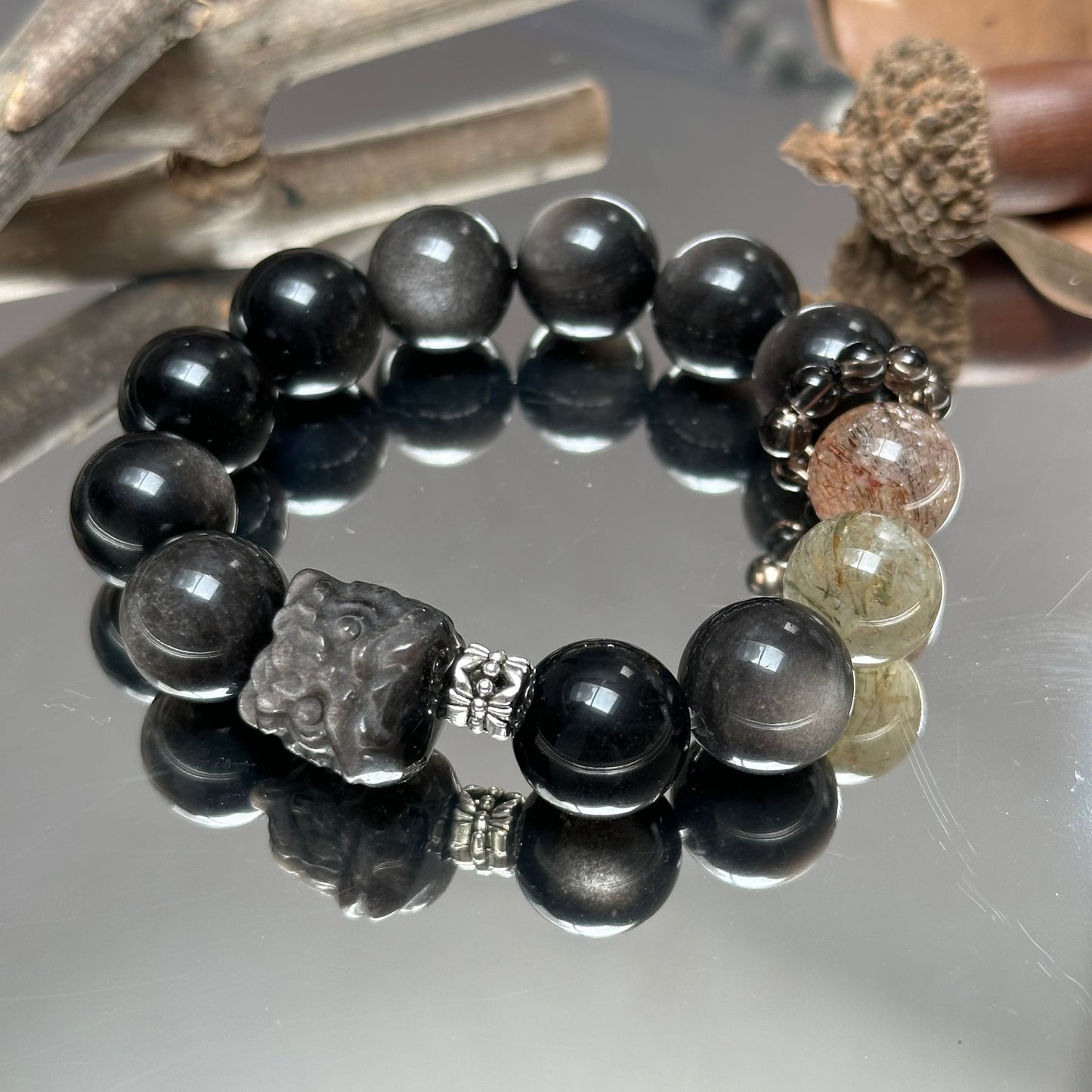 Waking Lion Natural Gold Obsidian Silver Obsidian Crystal Bracelet