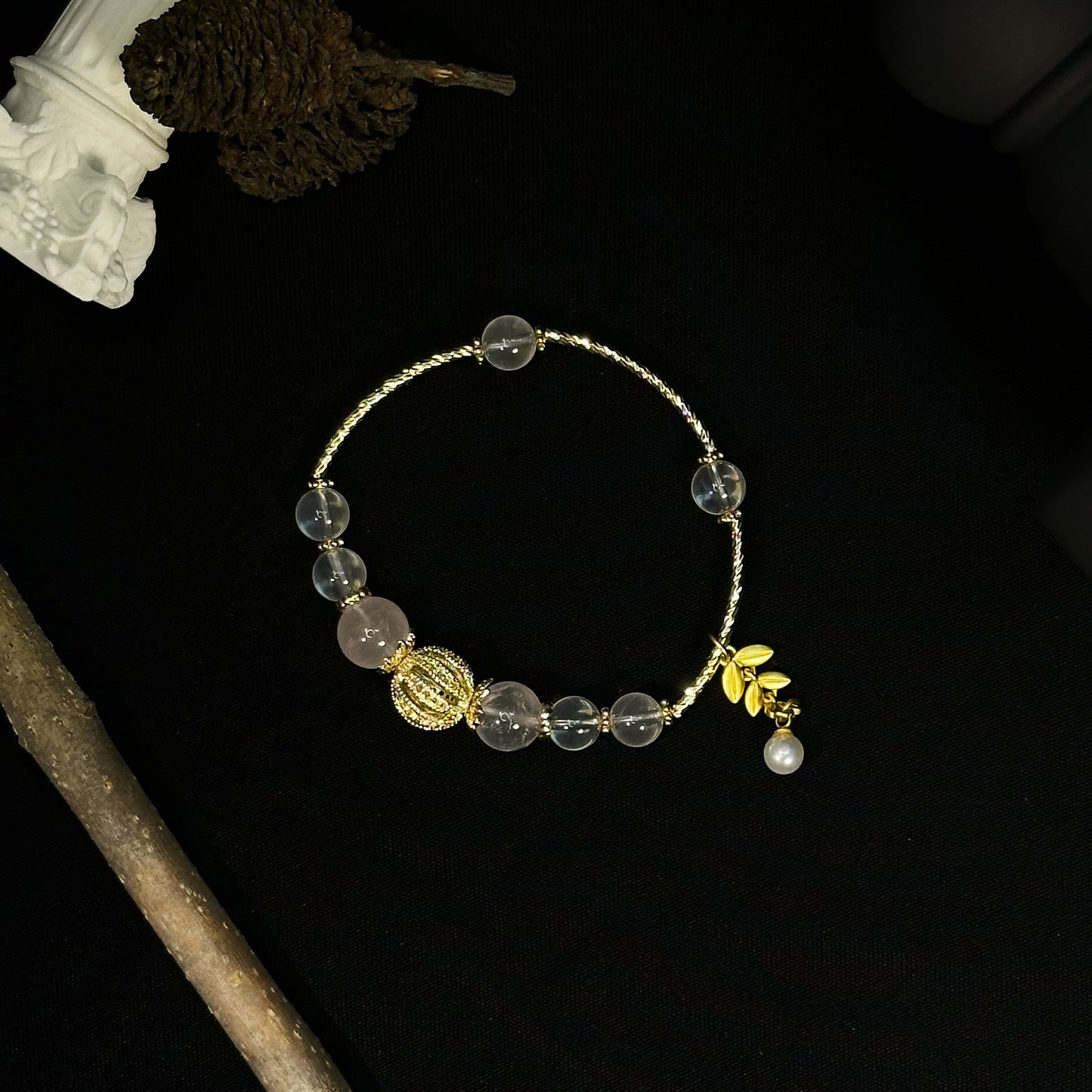 Gold leaf rose quartz crystal bracelet